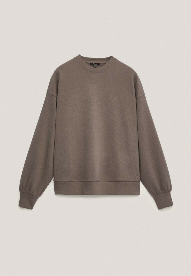 Sweat-shirt marron à manches longues avec col rond, poignets et ourlet côtelés, présenté sur un fond clair uni.