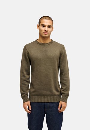 Jonge man met kort haar, gekleed in een olijfgroene gebreide trui en donkerblauwe jeans, staand tegen een effen lichte achtergrond.