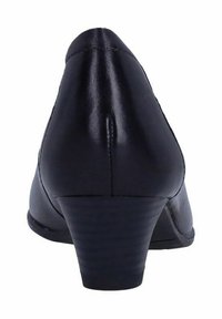 Scarpa nera in pelle con tacco alto, finitura liscia, punta arrotondata e tacco a blocco medio. Nessun motivo visibile o dettagli in metallo.