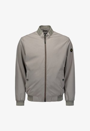 Light grey bomber jacket made of soft fabric. Features a high collar, front zipper, two side pockets, and ribbed cuffs and hem.
