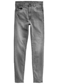 Vaqueros de mezclilla gris con piernas ajustadas, diseño de cinco bolsillos, cierre frontal con botón y un ligero desgaste. Presenta loops para cinturón y detalles de costura.