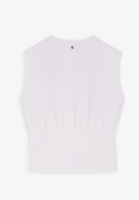 Witte mouwloze top met een geplooide tailleband, ronde halslijn en een kleine knoopsluiting aan de achterkant. Zachte, gladde stoftextuur.
