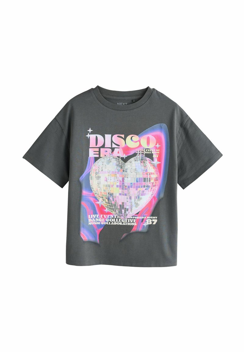 Szara bawełniana koszulka z krótkim rękawem, z kolorową grafiką serca w kształcie dyskotekowej kuli oraz napisem "DISCO ERA" w pogrubionym druku.