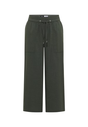 Pantalon large vert foncé avec une ceinture élastique, un cordon de serrage à l'avant et deux grandes poches plaquées à l'avant.