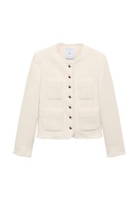 Veste de couleur crème avec un tissu texturé, dotée d'un col rond, de boutons dorés et de deux poches plaquées à l'avant. Détail d'ourlet effiloché.