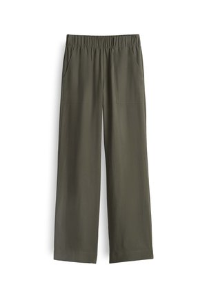 Olive green, wide-leg pants with an elastic waistband and two front pockets. Smooth fabric with minimal texture and a relaxed fit.