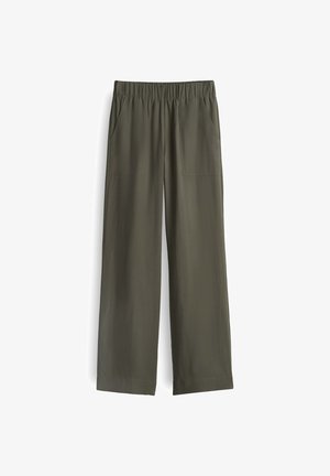 Olive green, wide-leg pants with an elastic waistband and two front pockets. Smooth fabric with minimal texture and a relaxed fit.