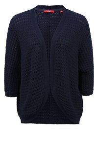 Cárdigan de punto azul marino con patrón texturizado, de frente abierto y mangas de tres cuartos. Material suave con acentos acanalados.