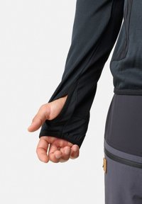 Zwarte lange mouwen shirt met duimopening in de mouw. Heeft rekbare stof, een aangesloten ontwerp en een elegante, gladde textuur voor comfort.