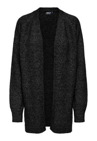 Mørkegrå strikket cardigan med åben front, lange ærmer samt ribbede manchetter og kant.