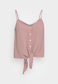 Vaaleanpunainen, hihaton paita, jossa on v-kaula-aukko, etunapit ja solmittu solmu helman kohdalla. Valmistettu teksturoidusta kankaasta.