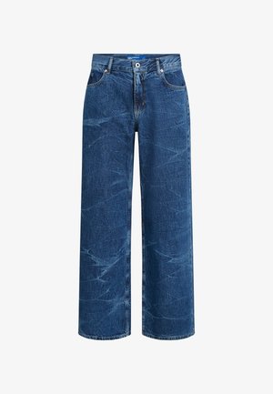 Blue high-waist wide-leg jeans with front button and zipper, five-pocket design, and subtle creased texture.