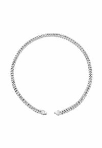 Collar de cadena de metal plateado con un diseño de eslabones planos e interconectados. Superficie lisa con un acabado pulido, con extremos puntiagudos para el cierre.