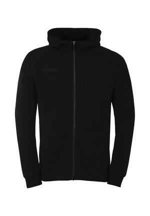 Zwarte hoodie met rits over de volledige lengte, voorzakken en de merknaam "Kempa" geborduurd op de linkerborst.