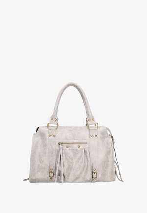 Witte leren handtas met een matte afwerking, dubbele handvaten, messing hardware, voorzak met rits en zijdetails met kwastjes. Gestructureerde vorm.