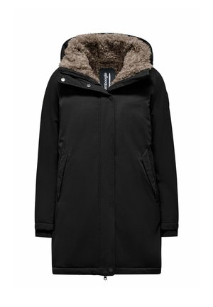 Parka nera con cappuccio, dotata di una morbida fodera in pelliccia sintetica marrone, due tasche laterali e chiusure a pressione/pulsante per un ulteriore calore.