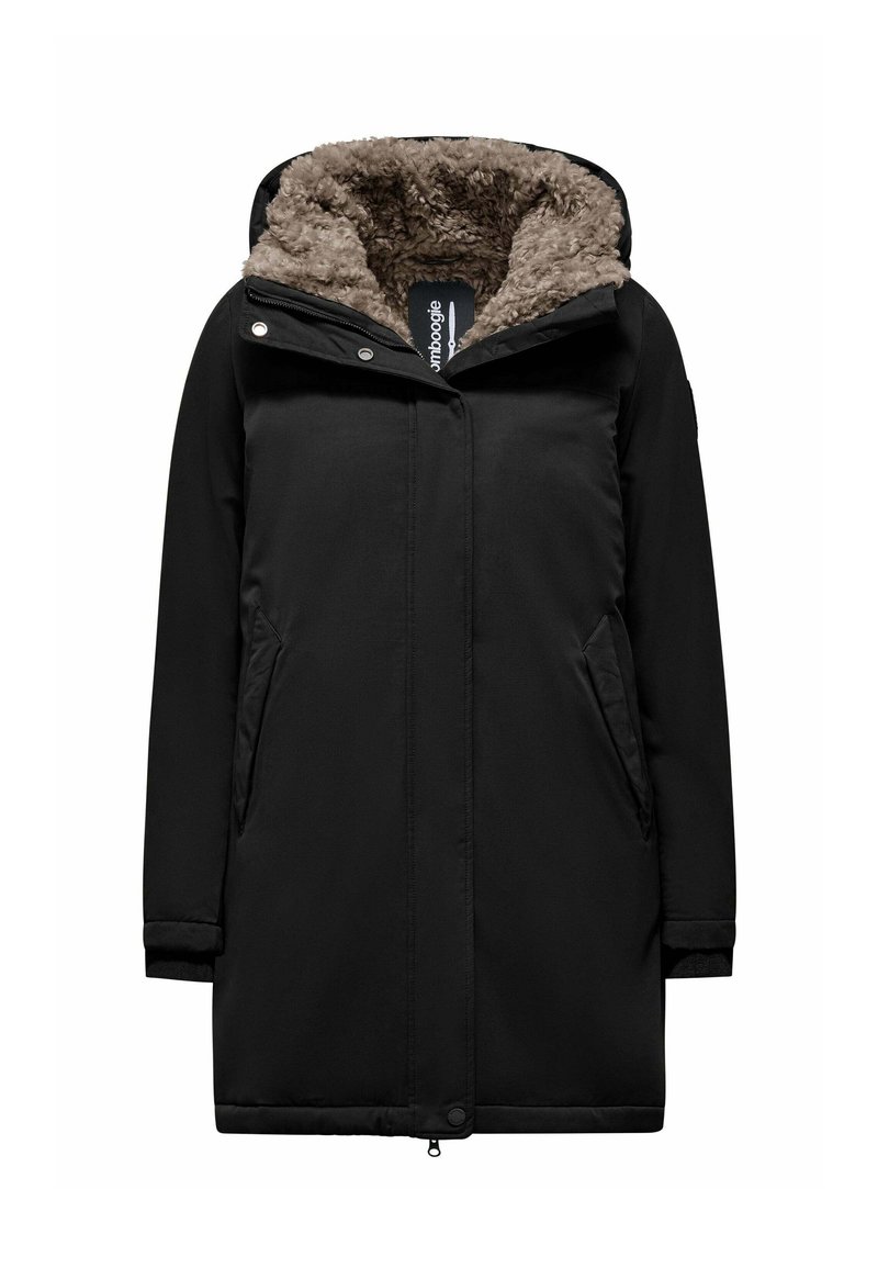 Parka nera con cappuccio, dotata di una morbida fodera in pelliccia sintetica marrone, due tasche laterali e chiusure a pressione/pulsante per un ulteriore calore.