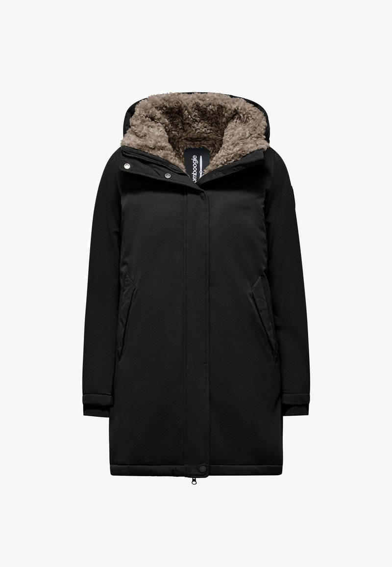 Parka nera con cappuccio, dotata di una morbida fodera in pelliccia sintetica marrone, due tasche laterali e chiusure a pressione/pulsante per un ulteriore calore.