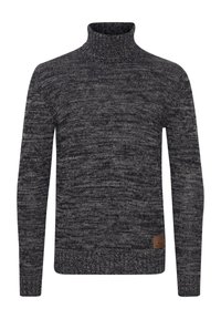 Maglione grigio scuro con collo alto, texture lavorata a maglia e una sottile mescolanza di fili grigi più chiari. Presenta un piccolo etichetta in pelle sul fondo.