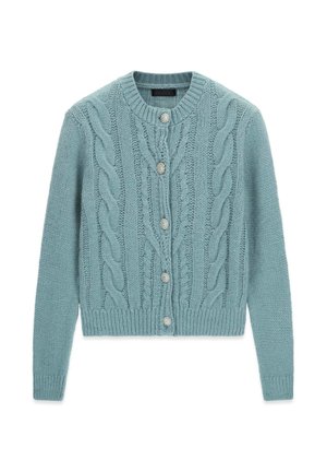 Cárdigan de punto azul claro con patrones de trenzas, cuello redondo, mangas largas y cinco botones plateados decorativos en la parte delantera.