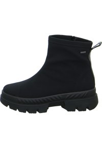 Bottines noires avec une tige lisse, semelle en caoutchouc épaisse, fermeture éclair et une languette pour un enfilage facile. Accents latéraux texturés.