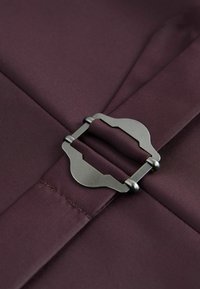 Burgundijas audums ar metāla sprādzi. Sprādzei ir simetriska forma ar noapaļotām malām un spīdīgu apdari.