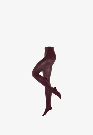 Burgundy textured tights with a smooth finish, featuring a high waistband and a slightly ribbed pattern from ankle to thigh.