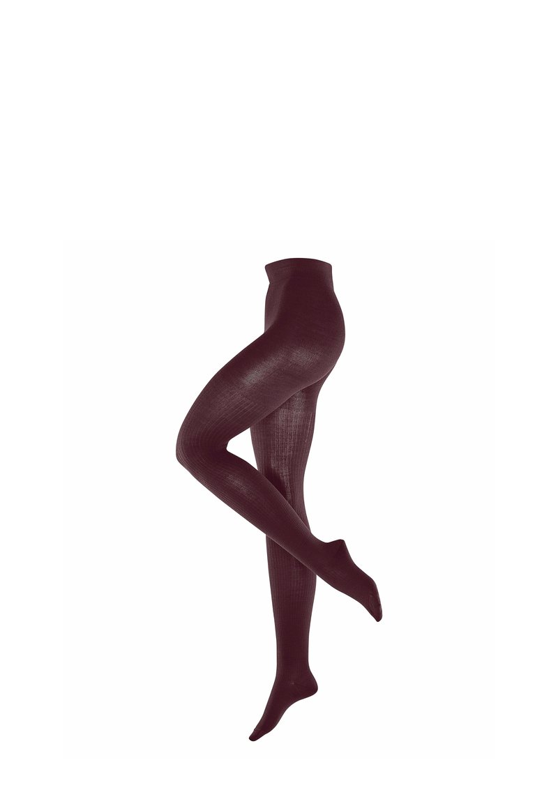 Collant bordeaux con texture e finitura liscia, dotati di una vita alta e un motivo leggermente a coste che va dalla caviglia alla coscia.