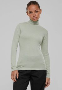 Hellgrüner Rollkragenpullover mit langen Ärmeln und gerippten Bündchen, aus einem weichen Material gefertigt und mit einem taillierten Design für eine schlanke Silhouette.
