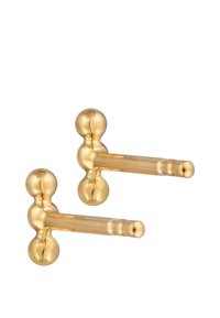 Guldtonede metal�øreringe med en sfærisk design, der har to små kugler og en lige stift. Glat, blank overflade med elegante linjer.