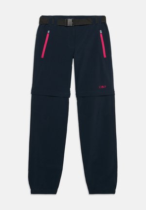 Pantalones deportivos convertibles con cremallera en azul marino, cinturón negro y bolsillos con cremallera rosa, tela ligera, logo CMP en el muslo.