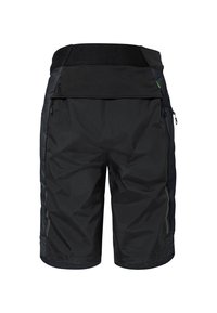 Zwarte shorts van lichtgewicht, waterafstotende stof met een rekbare tailleband, voorzien van zijzakken met rits en grijze accenten.