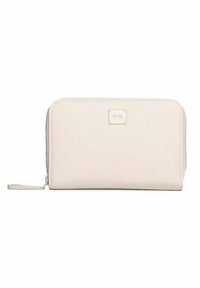 Portafoglio zip in tono crema realizzato in pelle texturizzata. Presenta una placca con logo sulla parte anteriore e una forma slanciata e rettangolare.