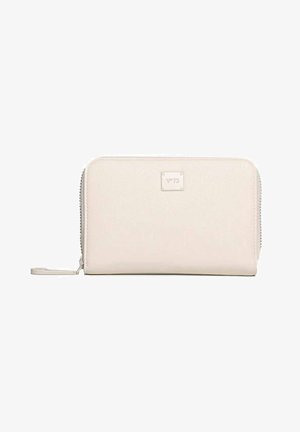 Portafoglio zip in tono crema realizzato in pelle texturizzata. Presenta una placca con logo sulla parte anteriore e una forma slanciata e rettangolare.