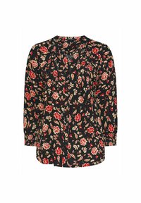 Blusa nera con maniche lunghe, caratterizzata da un motivo floreale in rosso e crema, chiusura con bottoni e una vestibilità comoda. Tessuto leggero con una consistenza morbida.