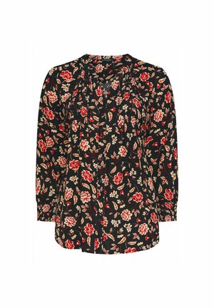 Blusa negra de manga larga, con un patrón floral en rojo y crema, cierre de botones y un corte relajado. Tejido ligero con textura suave.