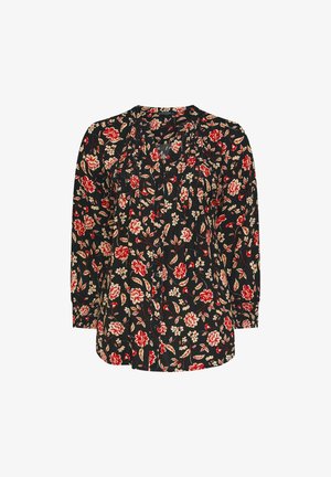 Blouse noire à manches longues, ornée d'un motif floral rouge et crème, avec fermeture à boutons et une coupe décontractée. Tissu léger au toucher doux.