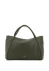 Olive green leather handbag with curved design, two handles, and subtle gold branding. Smooth texture with no visible patterns or accents.