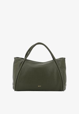 Olive green leather handbag with curved design, two handles, and subtle gold branding. Smooth texture with no visible patterns or accents.