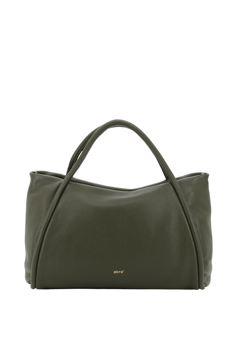 Olive green leather handbag with curved design, two handles, and subtle gold branding. Smooth texture with no visible patterns or accents.