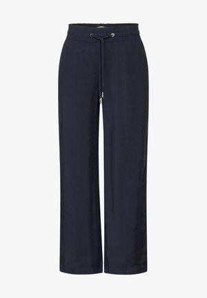 Pantalons bleu marine, à jambe large, avec une taille élastique à cordon de serrage, fabriqués dans un tissu lisse. Présentent des coutures simples et aucun motif ou accent visible.