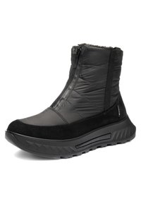 Black insulated winter boot with front zipper, thick rubber sole, textured tread, and fabric pull tab at the back.