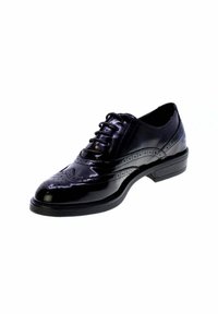 Scarpa oxford in pelle nera con finitura lucida, caratterizzata da dettagli brogue, sei occhielli per i lacci e un tacco basso impilato.
