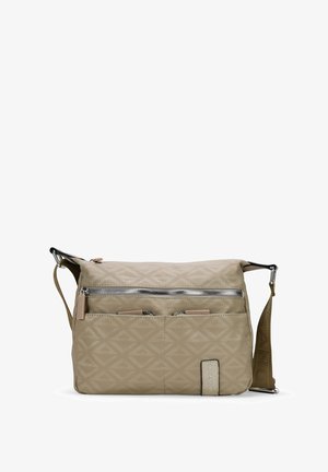 Bolso de hombro beige con un patrón geométrico, que cuenta con un compartimento principal con cremallera y dos bolsillos frontales. Hecho de tejido texturizado.