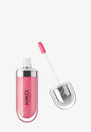 Brillo de labios rosa con purpurina, con tapa plateada y aplicador, etiquetado con "KIKO MILANO" en el envase transparente.