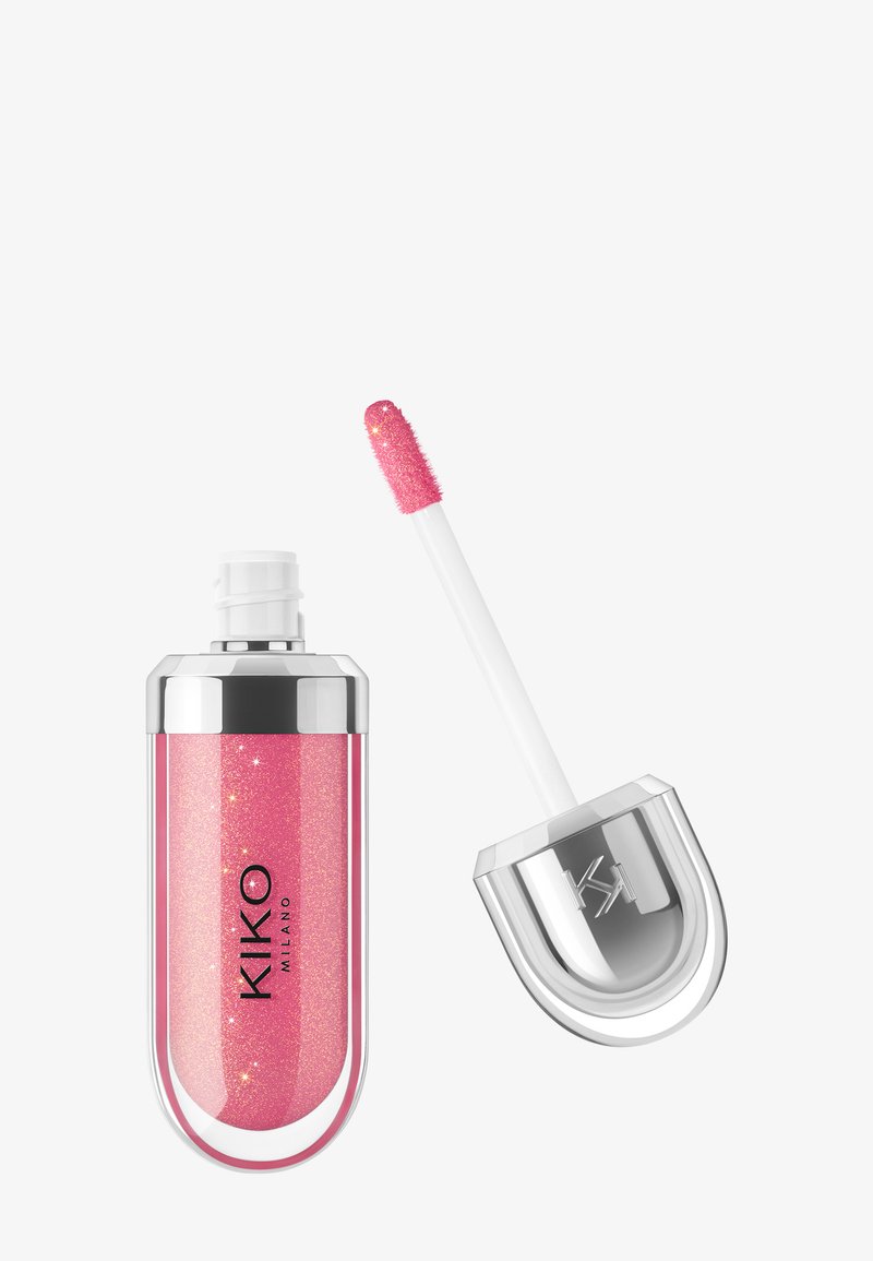Roze glinsterende lipgloss met zilverkleurige dop en applicator, met het label "KIKO MILANO" op de doorzichtige verpakking.