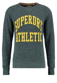 Sudadera verde con textura y letras en amarillo "SUPERDRY ATHLETIC", con cuello redondo y puños y dobladillo acanalados. Diseño casual.