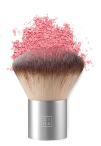 Rod för rouge med ett runt, tätt huvud av mjukt hår; metallisk silverfärgad handtag; rosa puder dammade runt penselhuvudet.