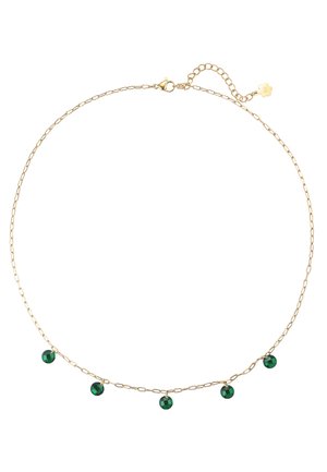 Delicate gold chain necklace with five evenly spaced small round green gemstone charms and a lobster clasp with extender chain.