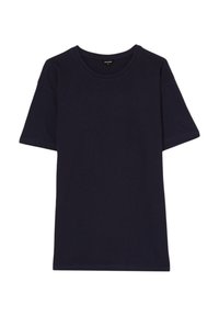 T-shirt in cotone blu navy con maniche corte, scollo rotondo e vestibilità comoda. Texture liscia, senza motivi o dettagli visibili.